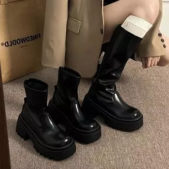 мода Зимние женские сапоги в стиле панк до колена Модные ботильоны на платформе с длинными ботильонами Дизайнерские туфли на квадратном каблуке Botas De Mujer 35