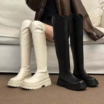 мода Зимние женские сапоги выше колена Модные длинные сапоги без застежек Осенне-зимняя женская обувь 35 бежевый