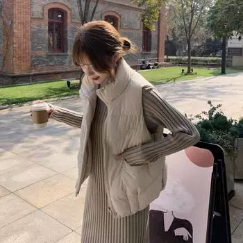 МОДА Зимний маленький стеганый жилет короткий жилет жилет жилет куртка женская утолщенная свободная верхняя одежда S хаки