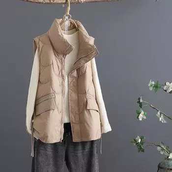 МОДА Зимний пуховый жилет Женский внешний жилет Универсальный жилет Пуховик Белая утиная пуховая короткая куртка без рукавов Одежда M хаки