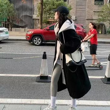 МОДА Зимняя длинная наружная толстовка с капюшоном из овечьей шерсти свободная флисовая женская одежда Rader S чёрный