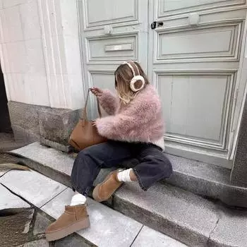 МОДА зимняя куртка с высокой талией из искусственного меха короткая женская универсальная европейская и американская ins знаменитости ins легкая роскошная круглая горловина топ Одежда XS чёрный