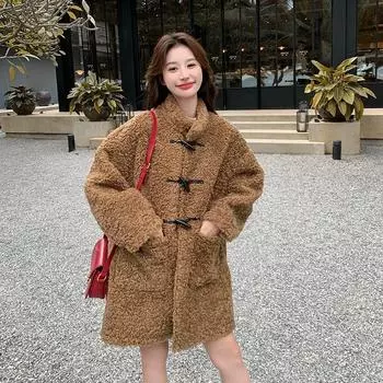 МОДА Зимняя ленивая мягкая вощеная толстая искусственная овечья шерсть с интегрированной роговой пряжкой средняя и длинная меховая женская меховая куртка одежда S темно-коричневого