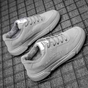 мода Зимняя мода плюшевые теплые туфли для мужчин корейский тренд хлопок утолщенные мужские роскошные туфли повседневные низкие плоские кроссовки 39 чёрный