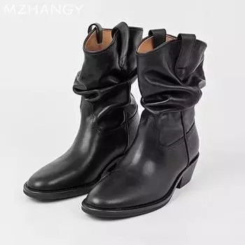 мода Зимняя мода женские зимние сапоги до середины голени дизайнерские сапоги на среднем каблуке кожаные новые туфли 2024 года тренд готические гладиаторы Botas De Mujer 35 чёрный