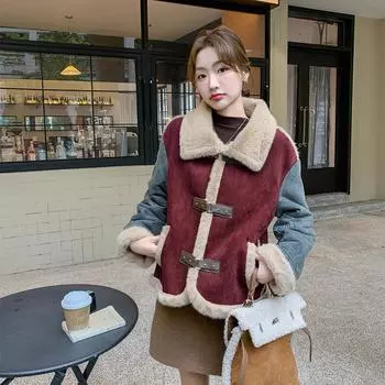 МОДА зимняя новая бархатная утолщенная теплая меховая интегрированная хлопковая куртка женская замшевая джинсовая сращивание локомотивная одежда Одежда S