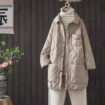 МОДА зимняя новая белая утиная пуховая литературная ретро-пуховик средней длины женская легкая повседневная свободная женская куртка модная M зелёный