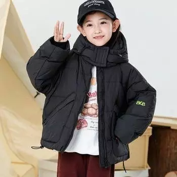 МОДА Зимняя новая детская куртка-пуховик для девочек с коротким капюшоном, белая утиная пуховая куртка для детей старшего возраста, корейская версия, свободная куртка, модная 120cm чёрный