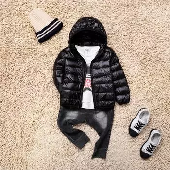 МОДА Зимняя новая детская легкая и тонкая куртка с капюшоном, легкая и тонкая, для мальчиков и девочек, большой размер, куртка с капюшоном, одежда 100cm чёрный