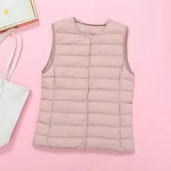 МОДА Зимняя новая одежда Тонкий пуховый жилет Женский круглый вырез Короткий бесшовный пуховый жилет Легкий жилет Жилет Одежда M светло-розовый