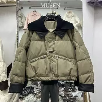МОДА зимняя новая трикотажная куртка с отворотами из сшитого материала для женщин, свободная утолщенная белая куртка на утином пуху из несмываемой ткани S