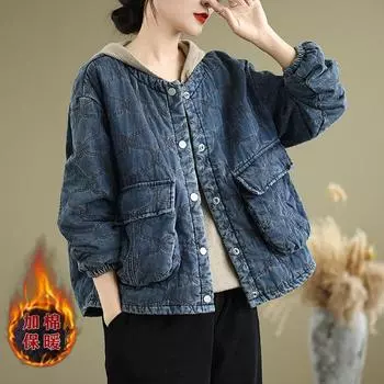 МОДА Зимняя новая винтажная очистка стирать старый ромб сетка свободная стеганая короткая куртка хлопок/хлопок M синий