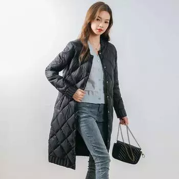 МОДА зимняя новая женская 90-нижняя пуховая круглая горловина ромб средняя и длинная женская пуховая куртка Одежда S чёрный