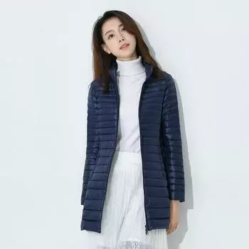 МОДА Зимняя новая женская куртка-пуховик средней и длинной длины, тонкая и стройная куртка с воротником-стойкой, тонкая однотонная одежда большого размера M