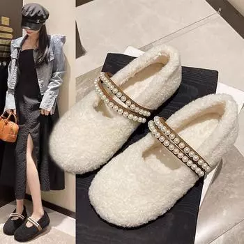 мода Зимняя обувь женские мокасины меховые осенние с круглым носком повседневные женские кроссовки слипоны осень новый стиль 2024 35 чёрный