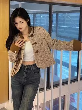 МОДА Зимняя одежда Темперамент Знаменитость Xiaoxiangfeng Короткая верхняя женская одежда Высококачественный уникальный цветной топ Модная одежда S хаки