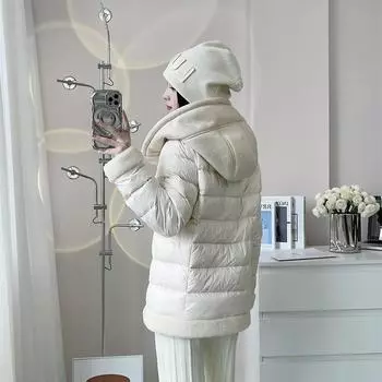 МОДА Зимняя овечья шерсть с капюшоном женская 2024 новая зимняя талия белая утиная пуховая одежда S чёрный