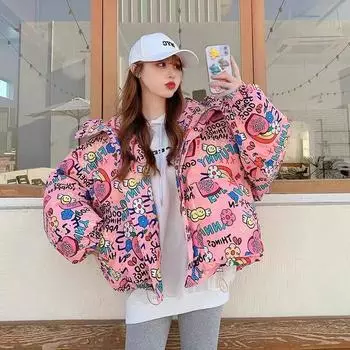МОДА зимняя теплая корейская версия женской куртки tide ins новая женская куртка-пуховик с принтом граффити свободная куртка с капюшоном Одежда one size fits all белый