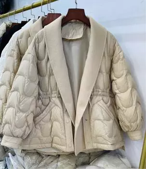 МОДА Зимняя толстая пуховая куртка с завязками на талии, материал сращивания, белый утиный пух, зимняя женская куртка с V-образным вырезом, модная S белый