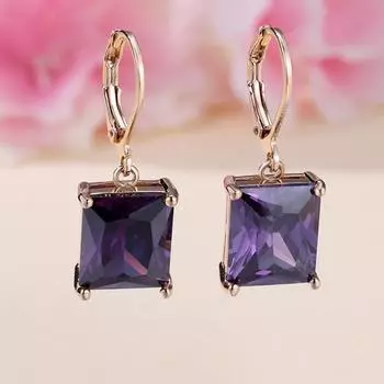 Мода золотого цвета прямоугольные фиолетовые висячие серьги принцесса обручальные серьги ювелирные изделия фиолетовый/золотой