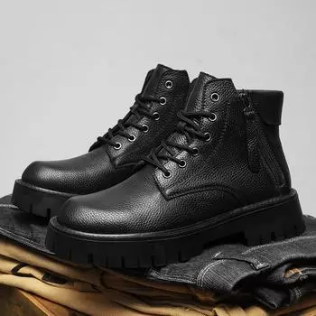 МодаБританская модаМужские ботинки из натуральной кожиБотинки для мотоциклистов на толстой подошвеБотинки на шнуровке с большой головойЗимние мужские деловые ботинки 38
