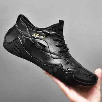 МодаКроссовки из натуральной кожи для мужчинПовседневные туфли на плоской подошвеМокасины HommeКроссовки для улицыКроссовки для мужчин на шнуровкеДышащие туфли для ходьбы с ручным шитьем 38 чёрный
