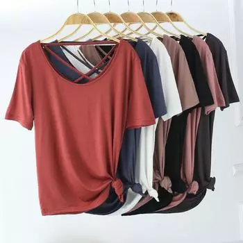 Модал Базовая рубашка Женская повседневная тонкая летняя футболка с открытой спиной приталенная футболка с круглым вырезом и короткими рукавами M чёрный