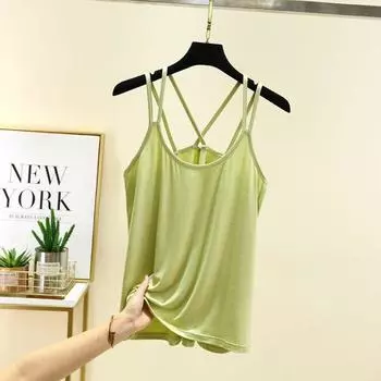 Modal Beauty Back Camisole Women s Spring and Summer Inner Back Cross Sleeveless Bottoming Shirt Outwear Loose Tops Yellowish Green 2XL (70.00 kg-80.00 kg recommended