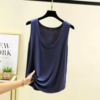 Modal Big U-Neck Vest Women s Summer Pure Color All-Matching Sleeveless Bottoming Shirt Loose Plus Size Casual Thin Tops Cowboy Blue 2XL (70.00 kg-80.00 kg recommended