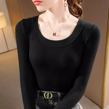 Modal Bottoming Shirt Women s New Women s Clothing Wide-brimmed Big Round Neck Long-sleeved T-shirt Tight Elastic Inner Top S