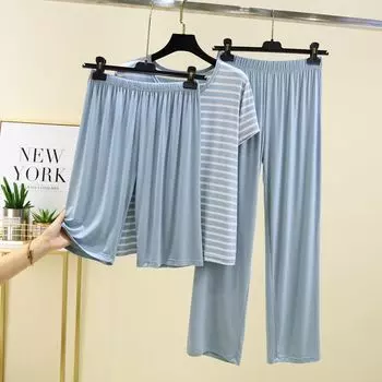 Modal Casual Pajamas Three-Piece Women s Summer Plus Size Loose Short-Sleeved T-shirt Casual Pants Fifth Wide-Leg Pants Blue L (Recommendation 50.00 kg-60.00 kg
