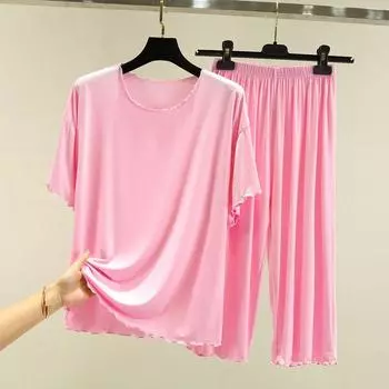 Modal Casual Wooden Ear Suit Women s Summer Thin Home Pajamas Oversized Loose-Fitting T-shirt Shorts Two-piece Set Pink M (recommended 40.00 kg-50.00 kg