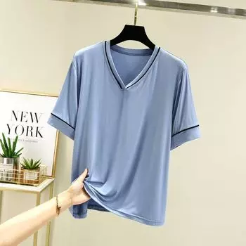 Modal Easiest for Match V Neck T-shirt Women s Summer Casual Thin Home Pajamas Plus Size Slim Looking Innerwear Short Sleeve Bottoming Shirt Blue L (Recommendation 50.00 kg-60.00 kg