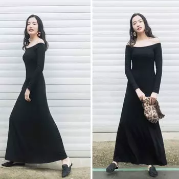 Modal European and American Style Shoulder-Baring Slimming Floor-Length Dress Black modal XXL