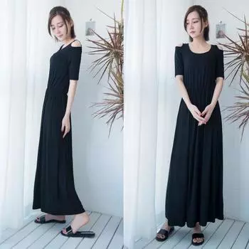Modal European and American Style Slim-Fit Half-Length Sleeve Small Size Dress Black Modal XXL