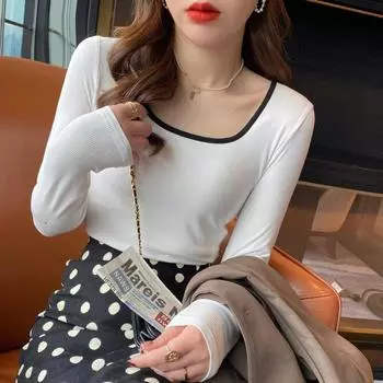Модал футболка для женщин в начале осени новый стиль внутренняя нижняя рубашка для женщин тонкий тонкий топ с длинными рукавами квадратный вырез XL