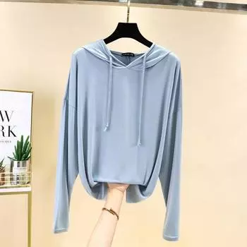 Modal Hooded Sun Protection Shirt Women s Early Autumn Outerwear Long-Sleeved Tops Plus Size Thin Casual T-shirt Pure Color Bottoming Shirt Light blue M (recommended 40.00 kg-50.00 kg