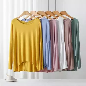 Модал круглый вырез длинный рукав футболка для женщин весна свободный крой плюс размер повседневная домашняя одежда топ футболки женские L светло-желтого