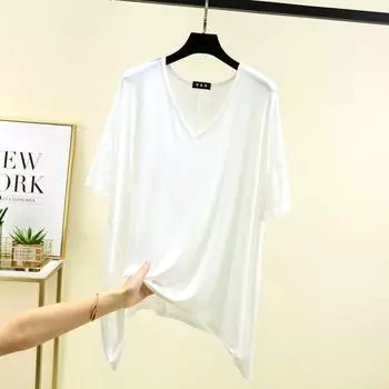 Modal Large V-neck Loose T-shirt Women s Summer Thin and All-Matching Plus Size Tops Inner Wear Casual Pure Color Bottoming Shirt White L (Recommendation 45.00 kg-60.00 kg