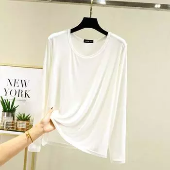 Modal Long Sleeves T-Shirt Women s Autumn Inner Match Slimming round Neck Bottoming Shirt Thin Low Collar Autumn Clothes Loose Casual Top White XL (65.00 kg-75.00 kg recommended