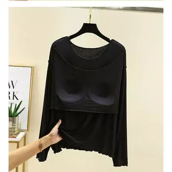 Modal Long Sleeves T-Shirt Women s Autumn Thin Bra-Free round Neck Tops Easiest for Match Casual Plus Size Bottoming Shirt with Chest Pad Black XL (55.00 kg-70.00 kg recommended