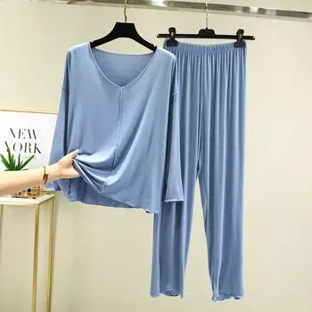 Modal Loose Long Sleeve Home Thin Two-Piece Set Top Light Blue L (Recommendation 50.00 kg-60.00 kg