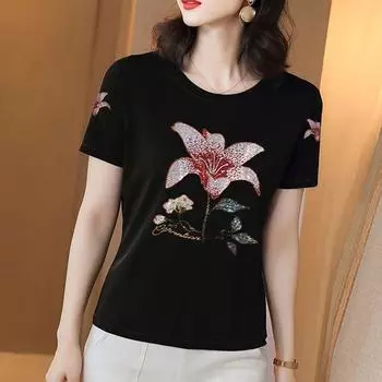 Modal Loose Square Dance Top T-shirt with Short Sleeves Black colorful straw hat 3XL
