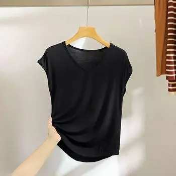 Модальная футболка без рукавов с V-образным вырезом, летний свободный облегающий базовый топ, женская повседневная тонкая верхняя одежда, базовая футболка Black XL (60.00 kg-70.00 kg recommended