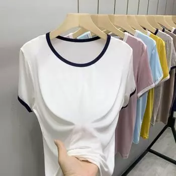 Модальная футболка с круглым вырезом и коротким рукавом, женская летняя майка, контрастный короткий тонкий топ, свободная, универсальная, облегающая базовая футболка White L (Recommendation 50.00 kg-60.00 kg