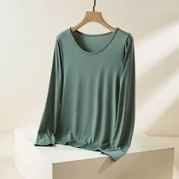 Модальная футболка с круглым вырезом и длинными рукавами для женщин, весна и осень, больших размеров, стройнящая, осенняя одежда, однотонная, тонкая, для ношения под низ, повседневная футболка Matcha green 2XL (70.00 kg-80.00 kg recommended