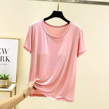 Модальная футболка с круглым вырезом, нагрудными подушечками и короткими рукавами, женская летняя тонкая верхняя одежда, повседневные топы, однотонная, большого размера, свободная базовая футболка Pink 2XL (70.00 kg-82.50 kg recommended