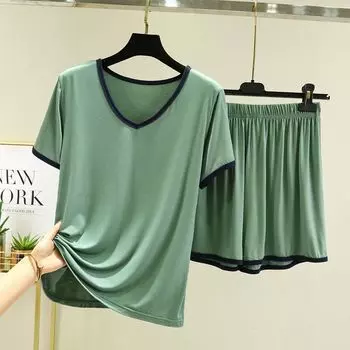 Модальная футболка с V-образным вырезом и коротким рукавом Летний тонкий пижамный костюм Большого размера Свободная Повседневная Домашняя одежда с кондиционером Можно носить как верхнюю одежду Matcha green L (Recommendation 50.00 kg-60.00 kg