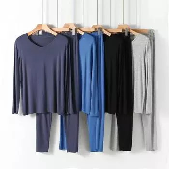 Модальная мужская домашняя одежда, пижама с V-образным вырезом и длинными рукавами, комплект из брюк, драпировка, гладкая эластичная удобная одежда для сна, пижама Homme XL