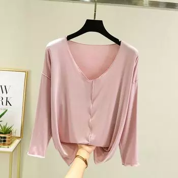 Модальная свободная футболка с V-образным вырезом, женская, тонкая, однотонная, базовая, большого размера, повседневная, подходит для ежедневной носки, с длинными рукавами, топы Pink 3XL (80.00 kg-90.00 kg recommended